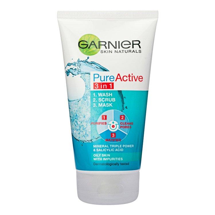 GARNIER Gel za čišćenje lica + piling + maska Skin Naturals Pure Active 3u1 150 ml